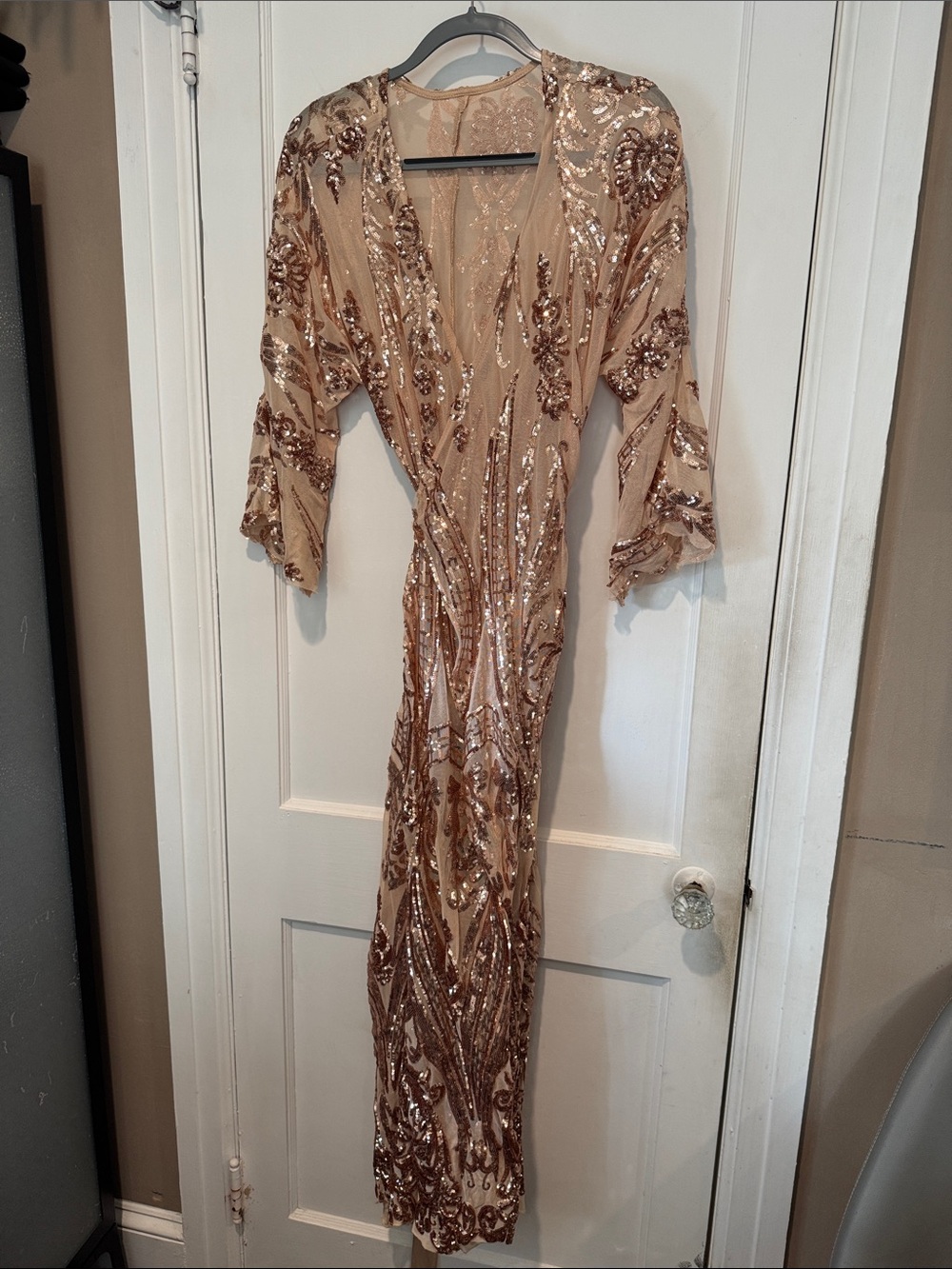 Beige Sequin Long Sleeve Evening Dress